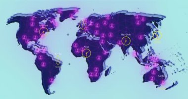 Farklı şehirler üzerinde zaman dilimleri ve ağ bağlantıları olan dünya haritası. Küresel, bağlantı, uluslararası, iletişim, coğrafya, teknoloji