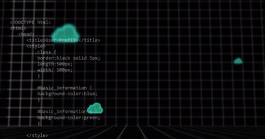 Şebeke arka planında HTML ve CSS kodları üzerinde bulut bilgisayar ağı animasyonu. Teknoloji, yenilik, internet, ağ, veri, dijital