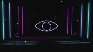 Neon ışıkları ve geometrik şekiller koyu arkaplan üzerinde animasyon oluşturur. soyut, fütüristik, parlak, dijital, canlı, yüksek teknoloji