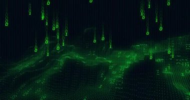 İkili kod ve dijital dalga animasyonu. Teknoloji, kodlama, siber veriler, fütüristik, soyut