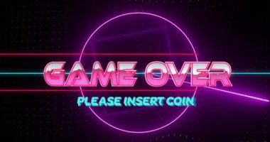 Lütfen neon geometrik şekillerin üzerine bozuk para yerleştirin ile metin animasyonu üzerinden oyun bitti. Retro, arcade, oyun, vintage, video oyunu, 80 'ler