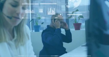 Modern ofiste çalışan profesyoneller üzerinde iş veri analizi animasyonu. takım çalışması, teknoloji, dijital konsept