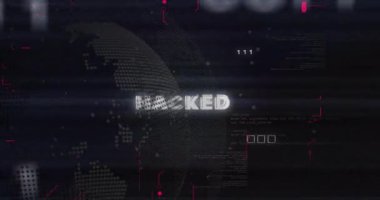 Dijital dünya haritası ve ikili kod animasyonu üzerinden hacklenmiş metin. Siber güvenlik, hackleme, veri, teknoloji, siber suç, internet