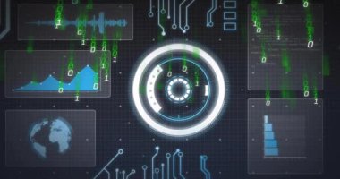 Dijital devre kartı ve gelecekteki arayüz üzerinde ikili kod animasyonu. Teknoloji, yenilik, veri, elektronik, teknoloji, matris