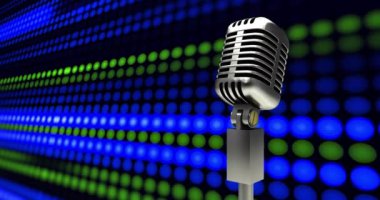 Arkaplanda renkli ses dalgası animasyonu olan bir mikrofon. Müzik, ses, kayıt, podcast, yayın, teknoloji