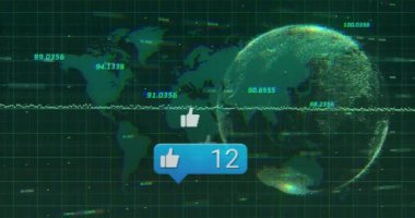 Sosyal medya dijital dünya ve dünya haritası yerine animasyonu seviyor. Ağ, bağlantı, iletişim, küresel, etkileşimli, paylaşımlar