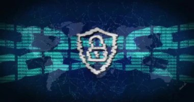 İkili kod ve dünya haritası üzerinde kilit ve kalkan canlandırması. Siber güvenlik, koruma, şifreleme, dijital, teknoloji, internet