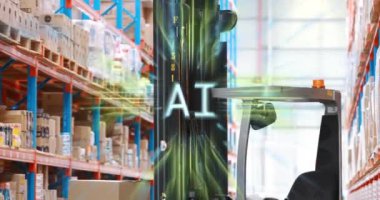 Yapay zeka metni ve dijital hatlar depoda raflar ve forkliftle. Teknoloji, otomasyon, lojistik, tedarik zinciri, dağıtım, envanter