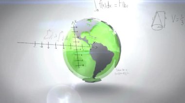 Dönen yeşil küre üzerinde matematiksel denklemler ve grafikler animasyonu. Küreselleşme, veri, analitik, finans, ekonomi, istatistik