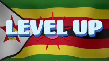 Zimbabwe bayrak arkaplanı üzerinden metin animasyonunu yükselt. kutlama, video oyunu, başarı, ilerleme, artış, kilometre taşı