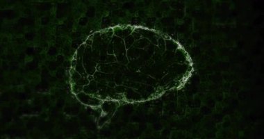 Koyu yeşil soyut arkaplan üzerinde sinirsel ağ animasyonu. Yapay zeka, teknoloji, dijital, veri, bilim