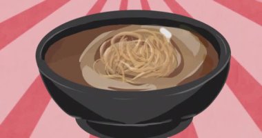 Çubuklu makarna, erişte, yumurta ve sebzeli makarna kasesi pembe arka planda animasyon. Japonca, mutfak, yemek, yemek konsepti