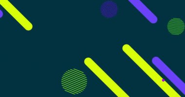 Koyu mavi arkaplan üzerinde renkli geometrik şekiller ve çizgiler. Soyut, enerjik, grafik, tasarım, dijital, modern