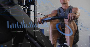 Fitness Veri Analizi, kürek çeken bir adamın görüntüsü. teknoloji, egzersiz, egzersiz, ölçüm, spor salonu, sağlık