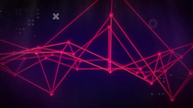 Koyu arkaplanda parlayan düğümlerle kırmızı geometrik ağ animasyonu. Teknoloji, dijital, soyut, geleceksel, bağlantı, ızgara