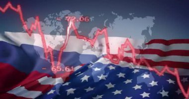 Borsa, dünya haritasıyla Rusya ve ABD 'nin bayraklarıyla ilgili animasyonu azaltıyor. Maliye, ekonomi, ticaret, küresel, yatırım, kriz