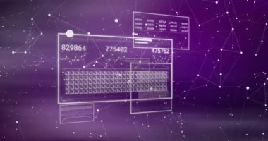 Mor arkaplandaki soyut ağ bağlantıları üzerinden dijital veri işleme animasyonu. Teknoloji, gelecekçi, siber, sanal, bağlantı, siber güvenlik
