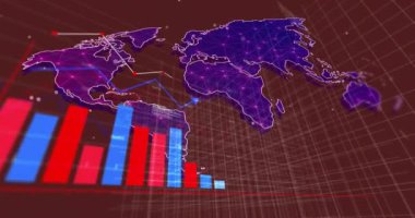 Bar tabloları ve dünya haritası animasyonu üzerinde küresel finansal veri işleme. Finans, analitik, ekonomi, iş, büyüme, istatistik