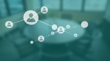 Bulanık ofis arkaplanı üzerinde bağlı kullanıcı simgeleri canlandırması ağı. Ağ, bağlantı, işbirliği, dijital, teknoloji, iletişim