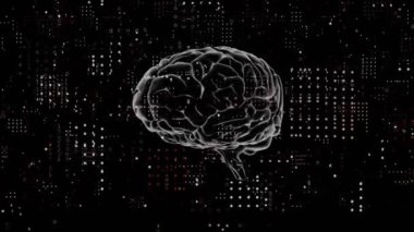 Dijital veri üzerinden beyin animasyonu ve siyah arkaplanda ikili kod. Teknoloji, siber, yapay zeka, siber güvenlik, programlama, matris