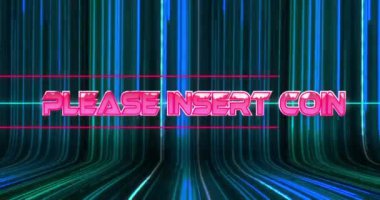Lütfen neon çizgilerin arkasına eski atari salonu animasyonuna bozuk para metni takın. Oyun, pikselleme, vintage, 80 'ler, nostaljik, video oyunu