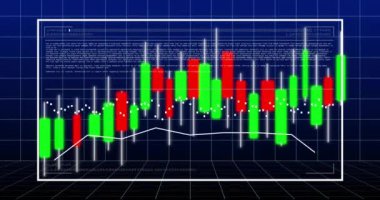 Şebeke arka planında şamdan şeması ve finansal veri analizi. Finans, hisse senedi, ticaret, yatırım, teknoloji, pazar