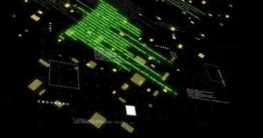 Siyah arkaplan üzerinde sarı veri blokları ve metin animasyonu. Fütürist, teknoloji, dijital, soyut, modern, minimalist