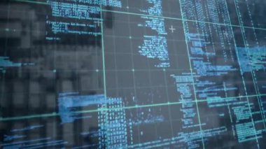 Şeffaf ekranda bilgisayar kodu ve veri işleme animasyonu. Teknoloji, kodlama, programlama, analitik, dijital, fütüristik