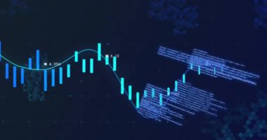 Finansal veri tabloları ve karanlık arka planda kodlama animasyonu. Finans, veri görselleştirme, programlama, teknoloji, analitik, istatistik