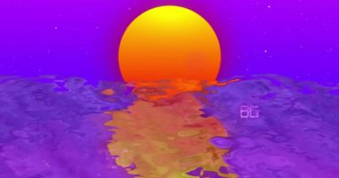 Renkli günbatımı ve okyanus dalgaları üzerinde 6G metin animasyonu. Teknoloji, yenilik, bağlantı, telekomünikasyon, gelecek, gelecek