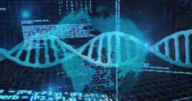 DNA dizisi ve ikili kodlama, bilimsel veri işleme animasyonu. Biyoteknoloji, genetik, DNA sıralaması, biyoenformatik, dijital veri, bilimsel araştırma