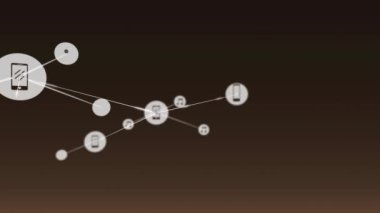 Bağlı cihazlar ve müzik simgeleri ağı, dijital iletişim animasyonu. Teknoloji, bağlantı, multimedya, internet, yenilik, elektronik