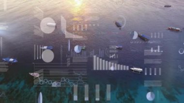 Su üzerinde tekneler ve hava görüntüsü üzerinde veri işleme animasyonu. Denizcilik, analitik, teknoloji, dijital, ulaşım, su sanatları