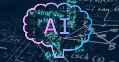 Matematiksel denklemler animasyonu üzerinde beyin şekli içinde yapay zeka metni. Yapay zeka, teknoloji, veri, algoritmalar, dijital, yenilik