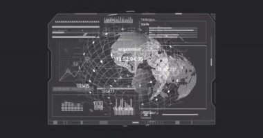 Küresel veri canlandırma animasyonu dijital dünya haritası üzerinde ızgara ve çizelgeler ile dönüyor. Teknoloji, ağ, analitik, bilgi, fütürist, internet