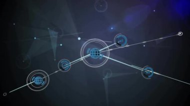 Karanlık arkaplan üzerinde bağlantılar ve veri işleme animasyonu ağı. Teknoloji, ağ, dijital, matris, siber uzay, fütüristik