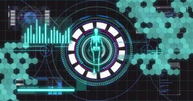 İnsan vücut taraması ve veri analizi grafiklerle dijital arayüz üzerinden yapılıyor. Teknoloji, fütüristik, sağlık, yenilik, tıbbi, siber