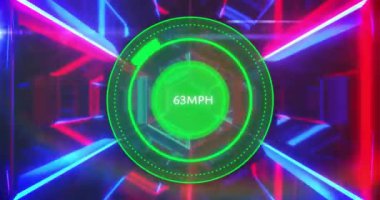 Hız göstergesi animasyonu, renkli geometrik şekiller üzerinde 135 mph hız gösteriyor. Teknoloji, soyut, geleceksel, sürüş, ivme, hız