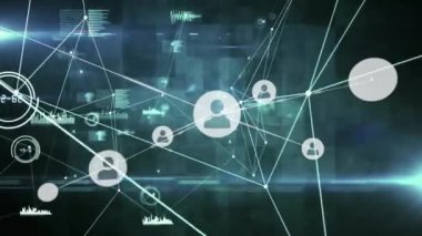 Kullanıcı simgeleri ve grafikleri üzerinde bağlantı ve veri işleme animasyonu ağı. Teknoloji, dijital, analitik, iletişim, bilgi, görselleştirme