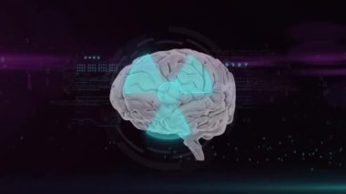 Radyasyon sembollü beyin ve dijital veri işleme animasyonu. Teknoloji, yenilik, fütürist, bilim, yapay zeka, siber güvenlik