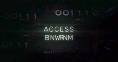 İkili kod ve devre kartı animasyonu üzerinden metne erişim engellendi. Siber güvenlik, hackleme, koruma, dijital, teknoloji, veri