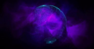 Parlayan mor ve mavi parçacıklar küre oluşturur, soyut animasyon. Enerji, fütüristik, dijital, teknoloji, ışık, hareket