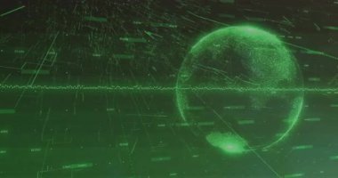 Dijital dünya ve veriler ağ bağlantılarıyla yeşil arkaplan üzerinde animasyon olduğunu gösteriyor. Teknoloji, bağlantı, fütürist, küresel, iletişim, siber