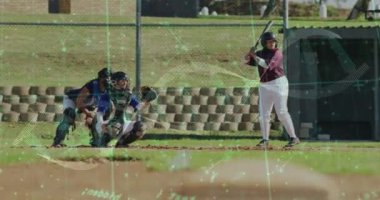 Beyzbol oyuncuları olay yerinde veri işleme animasyonuyla hareket halindeler. Spor, sporcular, oyun, rekabet, hareket, analiz