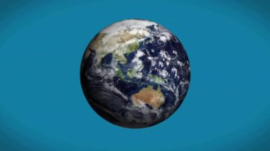 Mavi arkaplan üzerinde dönen Dünya animasyonu. Küre, gezegen, dönüş, dünya, hareket, dönüş