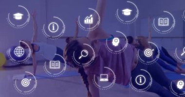 İnsanlar eğitim ve teknoloji animasyonunu temsil eden çeşitli simgelerle yoga yapıyorlar. Meditasyon, rahatlama, denge, farkındalık, sağlık, zindelik