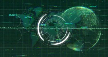Yeşil şebeke üzerinde dijital dünya haritası ve veri canlandırma animasyonu. Teknoloji, fütüristik, küresel, soyut