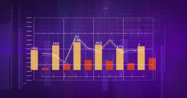 Mor arka planda bar ve çizgi çizelgeleriyle finansal veri analizi. Finans, çubuk grafik, çizgi grafiği