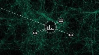 Karanlık arkaplan üzerinde bağlantılar ve veri işleme animasyonu ağı. Teknoloji, ağ oluşturma, dijital, fütüristik, bağlantı, siber uzay kavramı