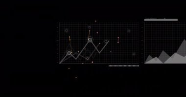 Veri noktaları üzerinde grafik ve bar çizelgesi animasyonu ve siyah arkaplan üzerindeki bağlantılar. Veri görselleştirme, çubuk grafik, çizgi grafiği, istatistik, analitik, teknoloji